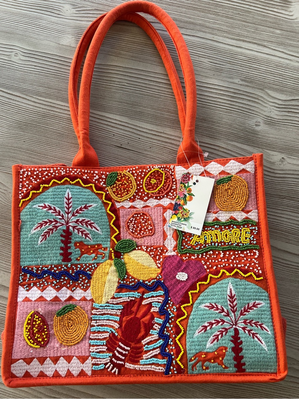 Hand-Embroidered Orange Beaded Tote Bag